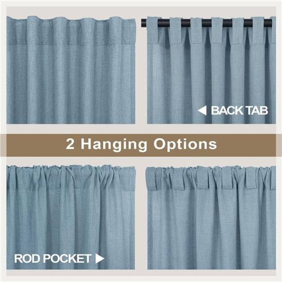 Blue Linen Curtains 84 Inch Length for Living Room 2 Panels Set Back Tab Rod - Picture 5 of 6